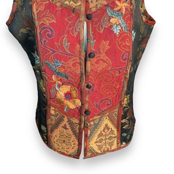 Vintage Coldwater Creek Vest Burgundy Floral Jacquard Tapestry Patchwork Asian - Picture 3 of 10